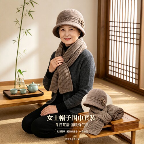 中老年妈妈冬季加厚保暖围巾帽女