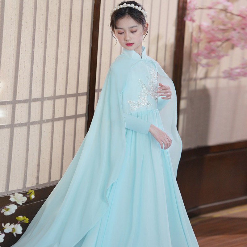 儿童汉服女童古筝旗袍中国风中大童六一款雪纺长袖批风走秀演出服