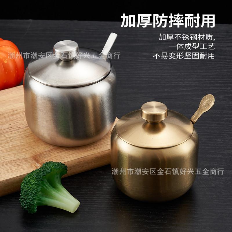 韩式304不锈钢调料罐厨房金色餐厅辣椒油罐盐罐带勺调味瓶盒创意