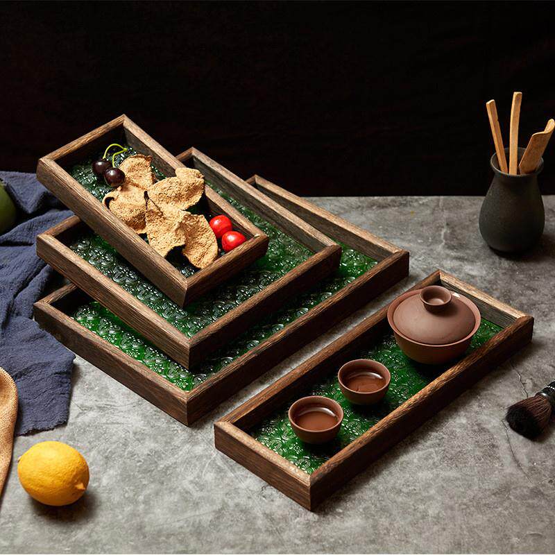复古绿色海棠花托盘玻璃海棠花托盘实木小茶盘杯子点心水果盘现货