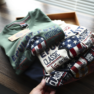 出口美国!复古阿美咔叽外贸男士秋季纯棉磨毛印花圆领长袖T恤潮