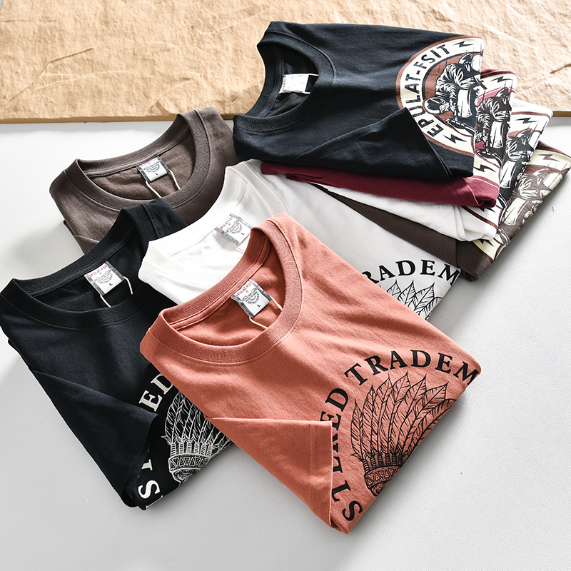 纯棉水洗磨毛圆领印花休闲短袖T