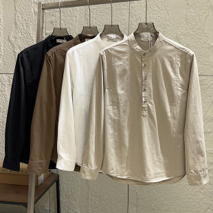 亲肤全棉水洗 衬衫 秋季 休闲纯色小立领宽松长袖 衬衣 男士 设计师线