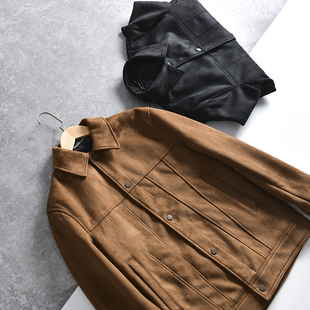 欧线牛货！进口麂皮绒外贸男装尾货秋冬休闲纯色翻领工装夹克外套