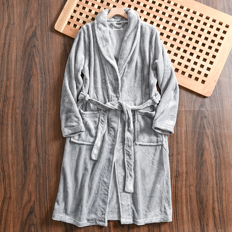 居家好物！亲肤法兰绒！男女情侣款外贸秋冬季中长款系带浴袍睡袍