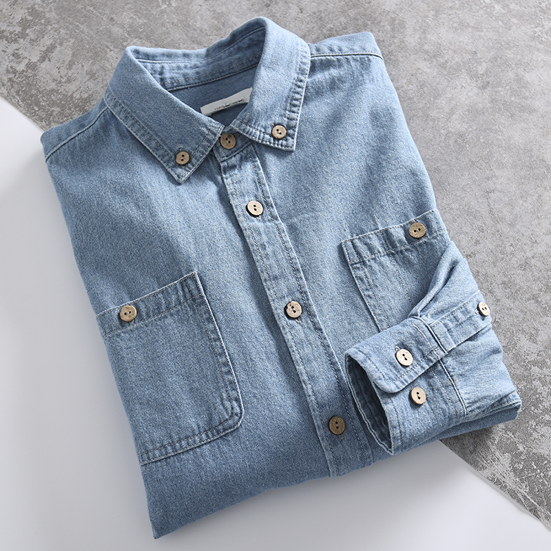 青春流行水洗牛仔棉翻领长袖衬衫