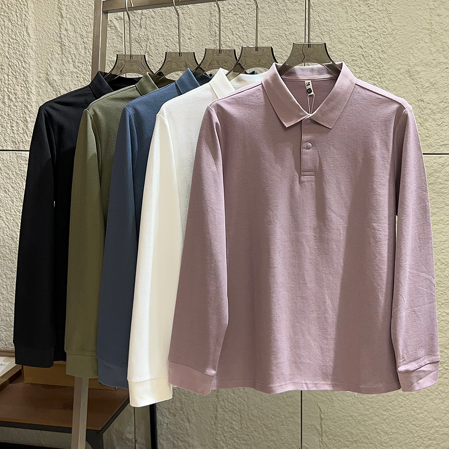 双纱珠地纯棉纯色翻领长袖Polo衫