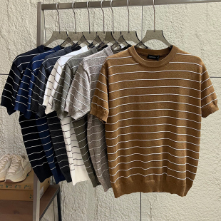 外贸男轻熟风撞色针织休闲圆领短袖 夏季 T恤 复古条纹 慵懒松弛