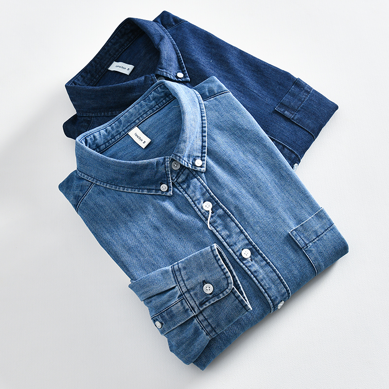 纯棉水洗工装翻领长袖牛仔衬衫