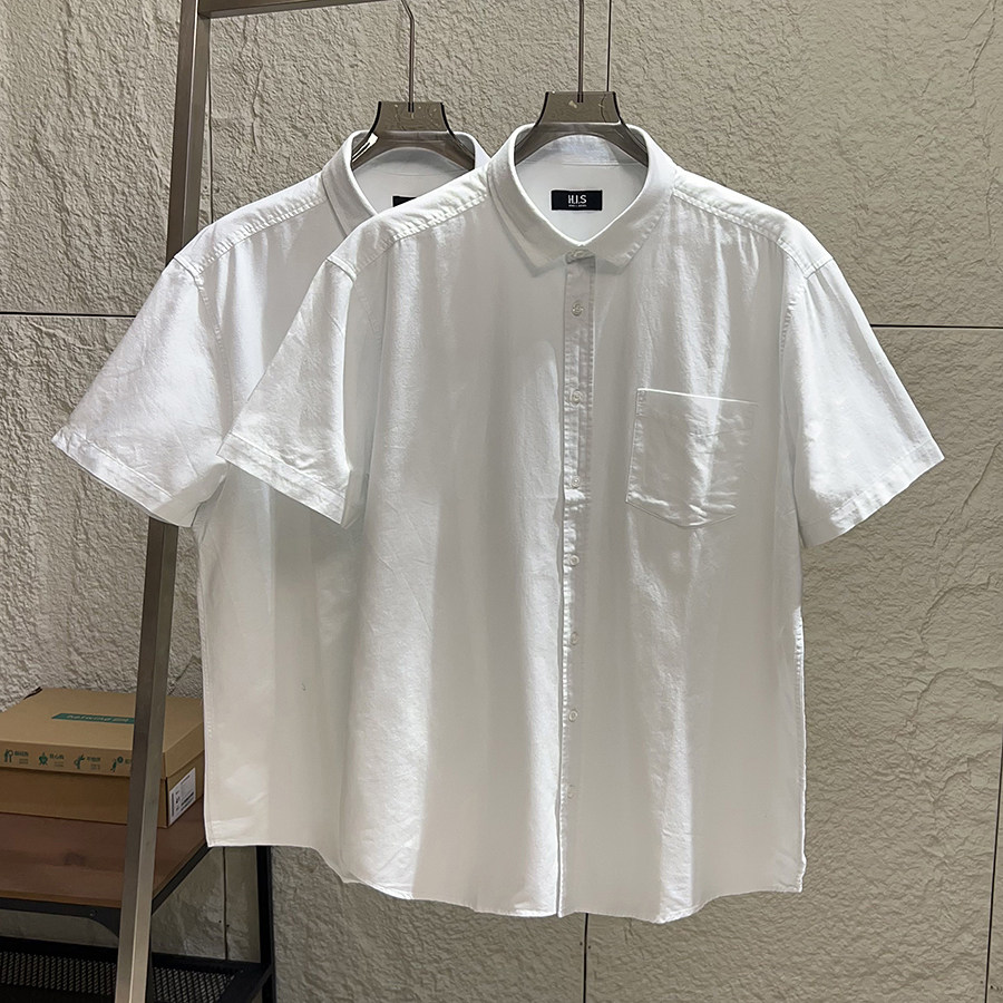 欧美单！有大码 舒适全棉！外贸男装夏季休闲小方领白色短袖衬衫
