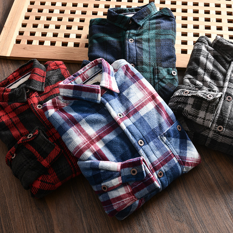 男士秋冬格子加绒加厚长袖衬衫