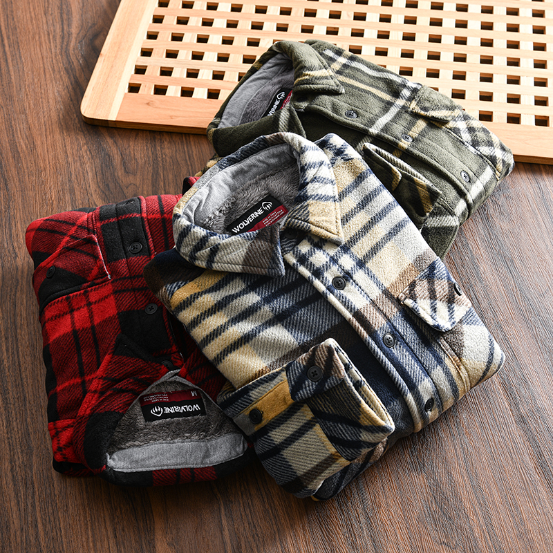 男士秋冬休闲加绒加厚格子衬衫