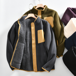 巨舒服！摇粒绒+珊瑚绒内里 秋冬情侣男士时尚拼色立领抓绒衣外套