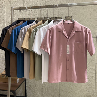 外贸男士 夏季 美式 古巴领宽松短袖 潮 日单设计师线 衬衫 凉感透气