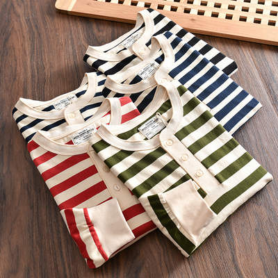 高克重纯棉亨利领条纹长袖T恤男