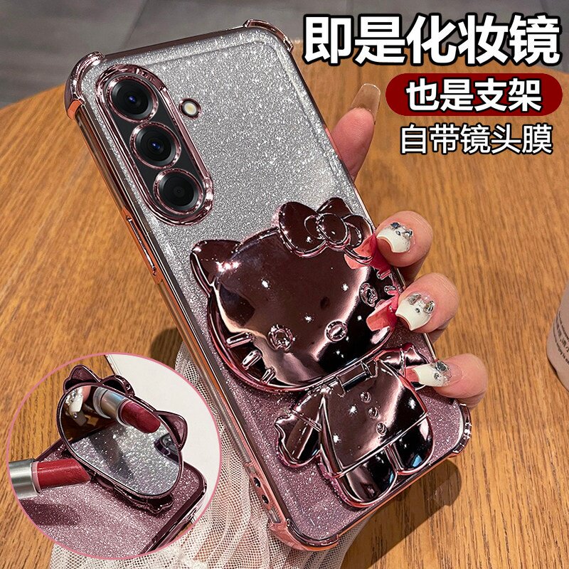 补妆镜兔子支架适用三星s26plus手机壳s25ultra防指纹精孔s24fe闪粉23+四角气囊带镜头膜软22防摔a54肤感a35