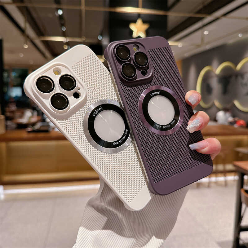 无边框网孔散热透气苹果15手机壳Magsafe磁吸iPhone14Pro自带镜头膜13Promax半包防摔超薄漏标放大镜保护套PL
