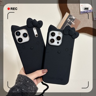 带手环适用苹果17promax手机壳iPhone16pro卡通立体16古早全黑KT猫15全包14防摔13耐脏16plus不沾指纹保护套