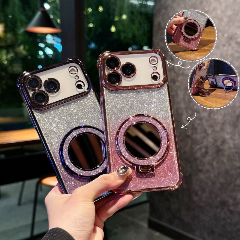 补妆镜引磁支架适用苹果17promax手机壳16pro带镜头膜渐变闪粉全包iphone15保护套14透明亚克力不易黄1手机壳