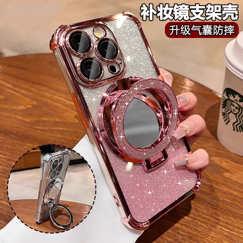 闪粉支架适用苹果17promax手机壳iphone16补妆镜i14plus气囊防摔13/15Pro全包镜头12防摔11软硅胶xsmax保护套