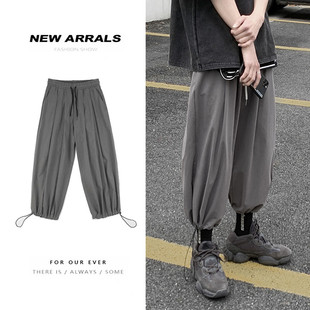 男ins韩版 九分裤 潮流抽绳束脚工装 坠感大码 裤 潮牌高街阔腿灯笼裤