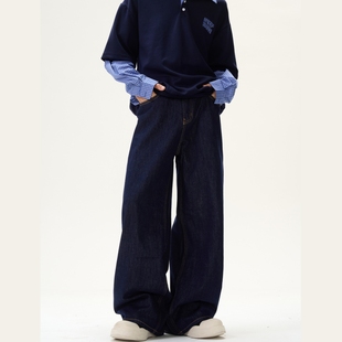 美式古着水洗深蓝牛仔裤男潮牌宽松直筒阔腿裤子休闲百搭垂感长裤