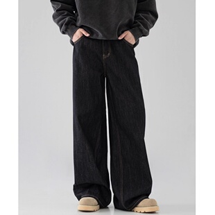 美式原牛黑色阔腿牛仔裤男cleanfit简约百搭垂感长裤宽松直筒裤子