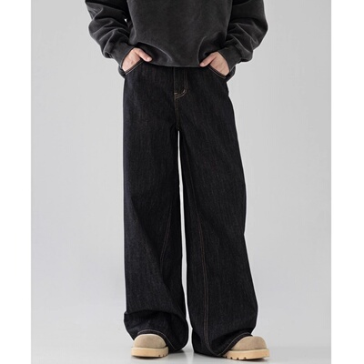 美式原牛黑色阔腿牛仔裤男筒裤子