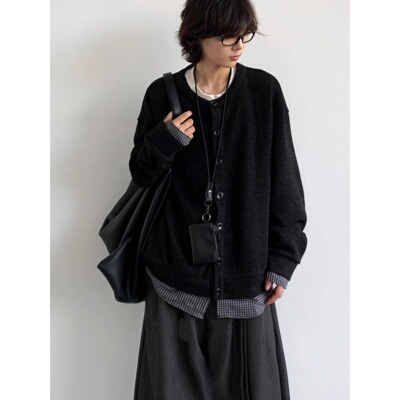 日系复古拼接假两件开衫男女宽松