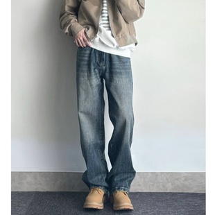 美式古着水洗做旧牛仔裤男潮牌复古蓝阔腿裤子高街情侣休闲直筒裤