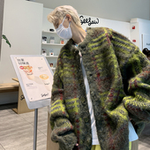 毛衣男女潮牌情侣外套撞色拼接针织衫 美式 复古彩色编织马海毛开衫