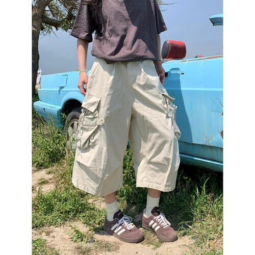 美式廓形多口袋工装七分裤男短裤