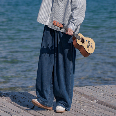 日系街头深蓝色大码阔腿裤男牛仔