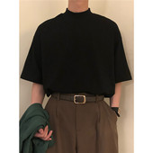 宽松五分袖 日系新款 潮牌黑色半高领T恤男ina高街百搭纯色短袖 上衣