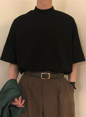 日系新款潮牌黑色半高领T恤男ina高街百搭纯色短袖宽松五分袖上衣