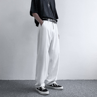 日系oversize阔腿裤子男直筒宽松白色牛仔裤ins痞帅垂感大码长裤