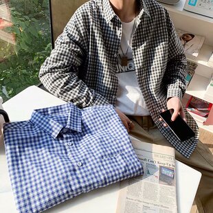 春季日系复古格子衬衫男士潮牌ins港风休闲韩版百搭长袖衬衣外套