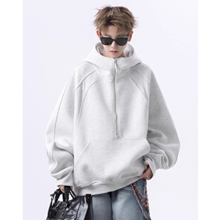美式高街连帽卫衣半拉链高领外套男休闲潮牌boxy短款宽松春秋上衣