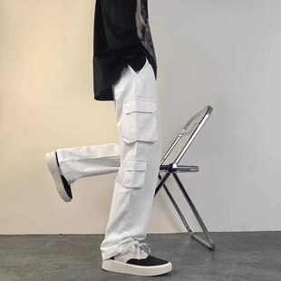 机能多口袋工装裤男ins高街宽松阔腿长裤港风痞帅直筒抽绳束脚裤
