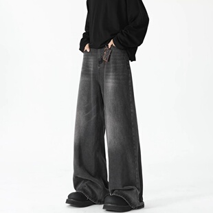 美式古着水洗做旧牛仔裤男潮牌宽松直筒cleanfit高街痞帅阔腿长裤