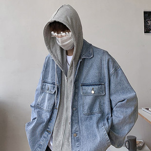 假两件牛仔外套男高街潮牌设计感情侣夹克ins美式古着连帽上衣服