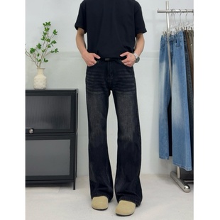 美式高街复古黑灰色微喇牛仔裤男痞帅显瘦修身休闲垂坠感直筒长裤