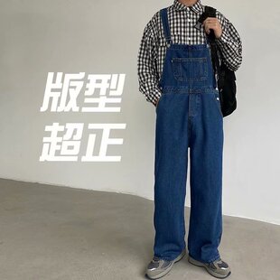 日系复古牛仔背带裤男士韩版潮流ins欧美街头宽松直筒阔腿吊带裤