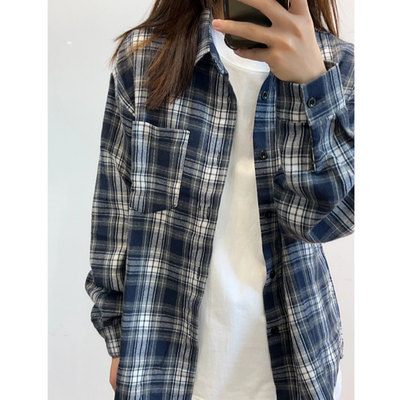 蓝色格子衬衫男女慵懒风复古开衫