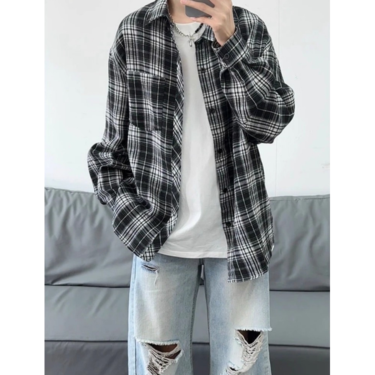 复古黑白格子长袖衬衫男美式宽松