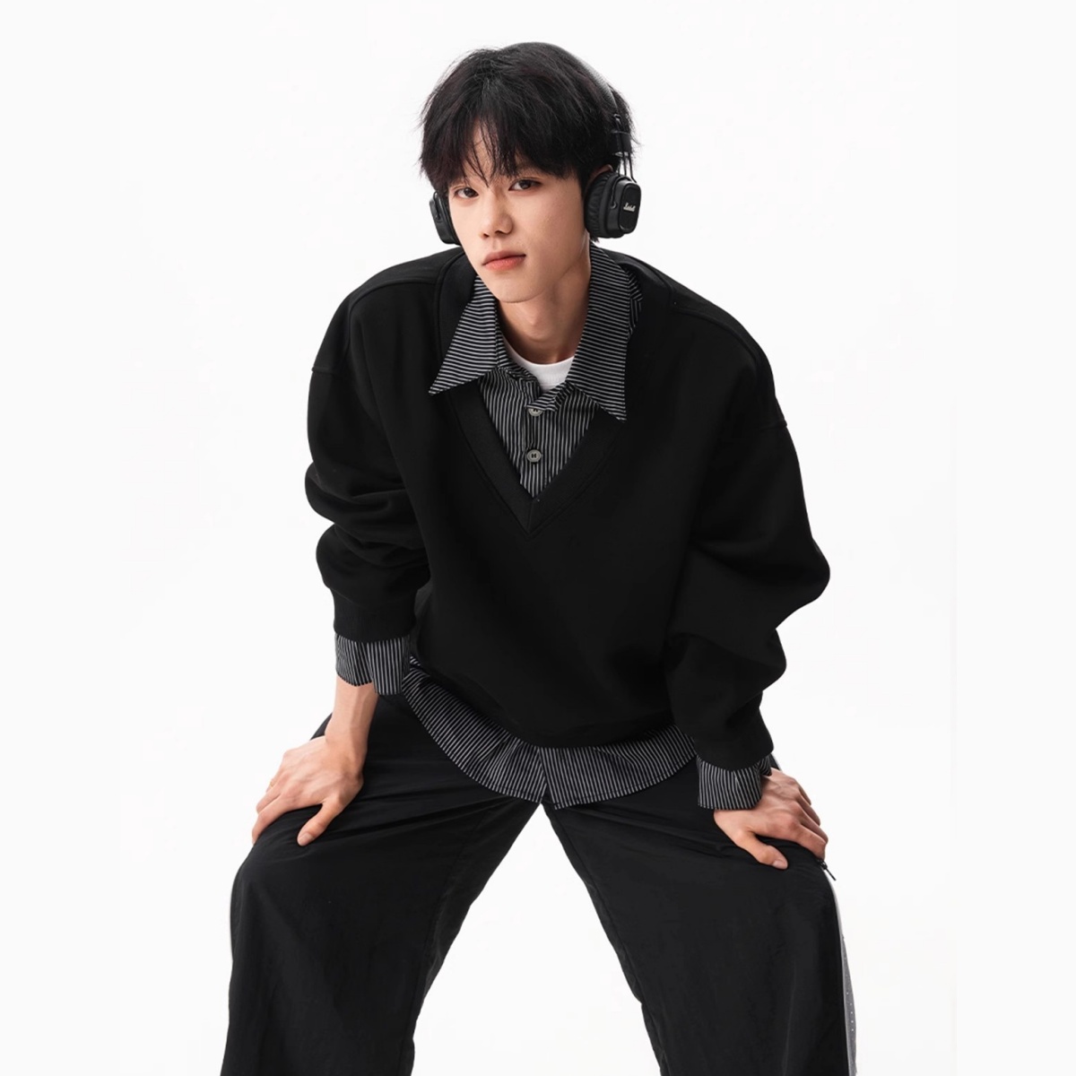 假两件POLO领卫衣男宽松撞色拼接