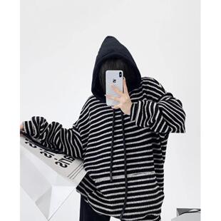 秋冬复古针织衫男女宽松慵懒条纹连帽毛衣情侣高街设计感套头外套