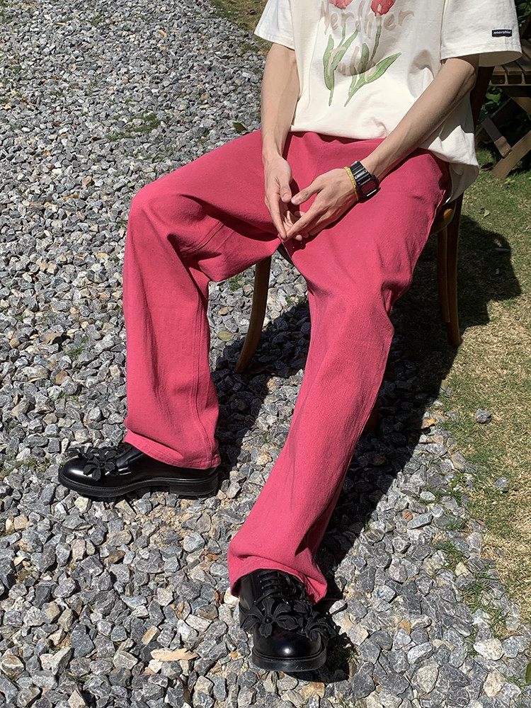 日系玫红粉色阔腿裤子男宽松直筒ins美式痞帅大码牛仔裤情侣长裤,男装,牛仔裤,淘宝优惠券,粉丝福利购,淘宝优惠卷