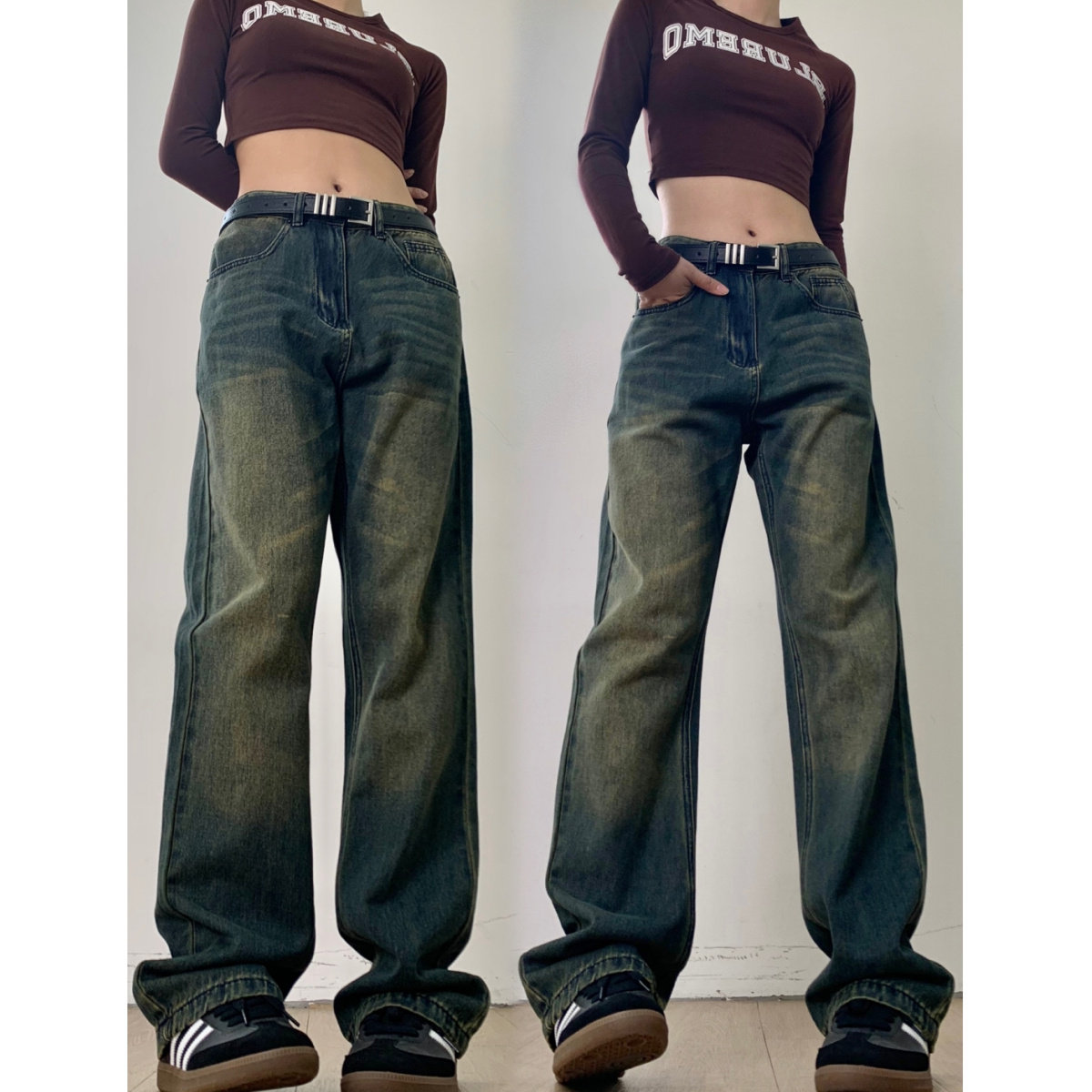 高街美式复古蓝阔腿牛仔裤男长裤