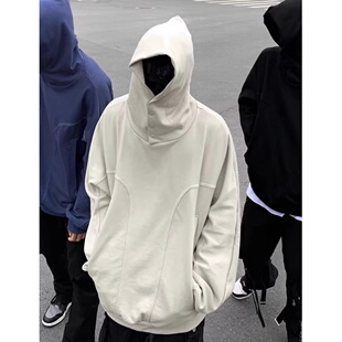 高街排扣高领连帽卫衣男秋冬季潮牌宽松oversize纯色休闲情侣外套